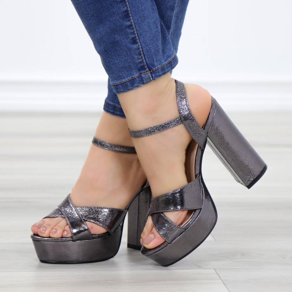 Metallic Pewter Platform Open Toe Heels - Picture 9 of 12
